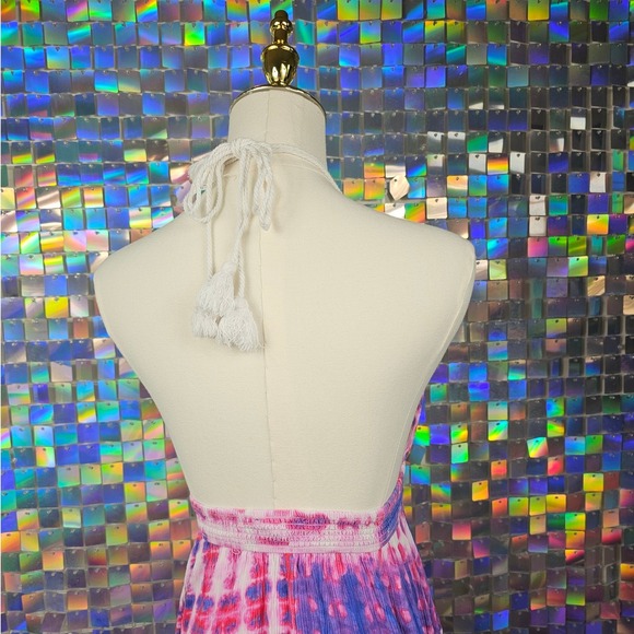 Forever 21 Tie Dye Halter Maxi Dress Pastel Pink Purple White Boho Smocked Waist - Picture 6 of 9